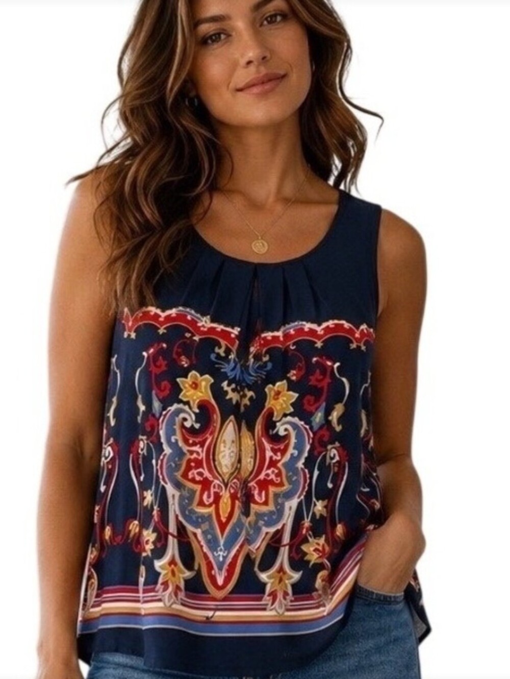 Talbots Silk Paisley Medallion Pleated Tank